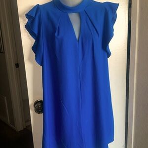 19 Cooper Blue Mini Dress with Ruffled Sleeves and Mandarin Collar